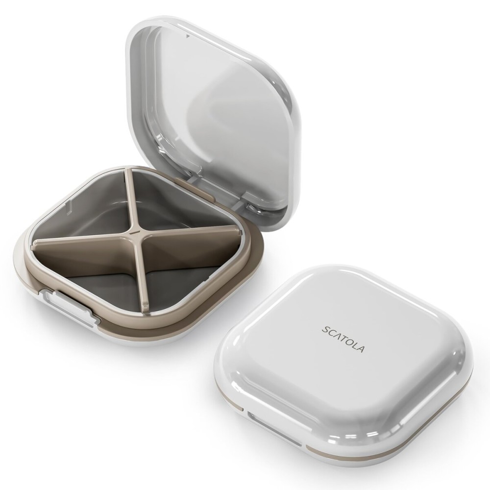 ONTERATE Small Pill Case, Travel Pill Organizer, Small Pill Box, Pill Container for Purse 4 Compartments, Daily Compact Travel Medicine Holder for Vitamins Medication (White Grey)