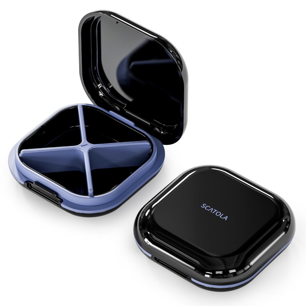 ONTERATE Small Pill Case, Travel Pill Organizer, Small Pill Box, Pill Container for Purse 4 Compartments, Daily Compact Travel Medicine Holder for Vitamins Medication (Black)