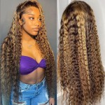 SNJON Highlight Ombre Lace Front Wig Human Hair 13x4 Transparent Water Wave Honey Blonde HD Lace Front Wig Human Hair 180 Density Pre Plucked with Baby Hair 30 Inch