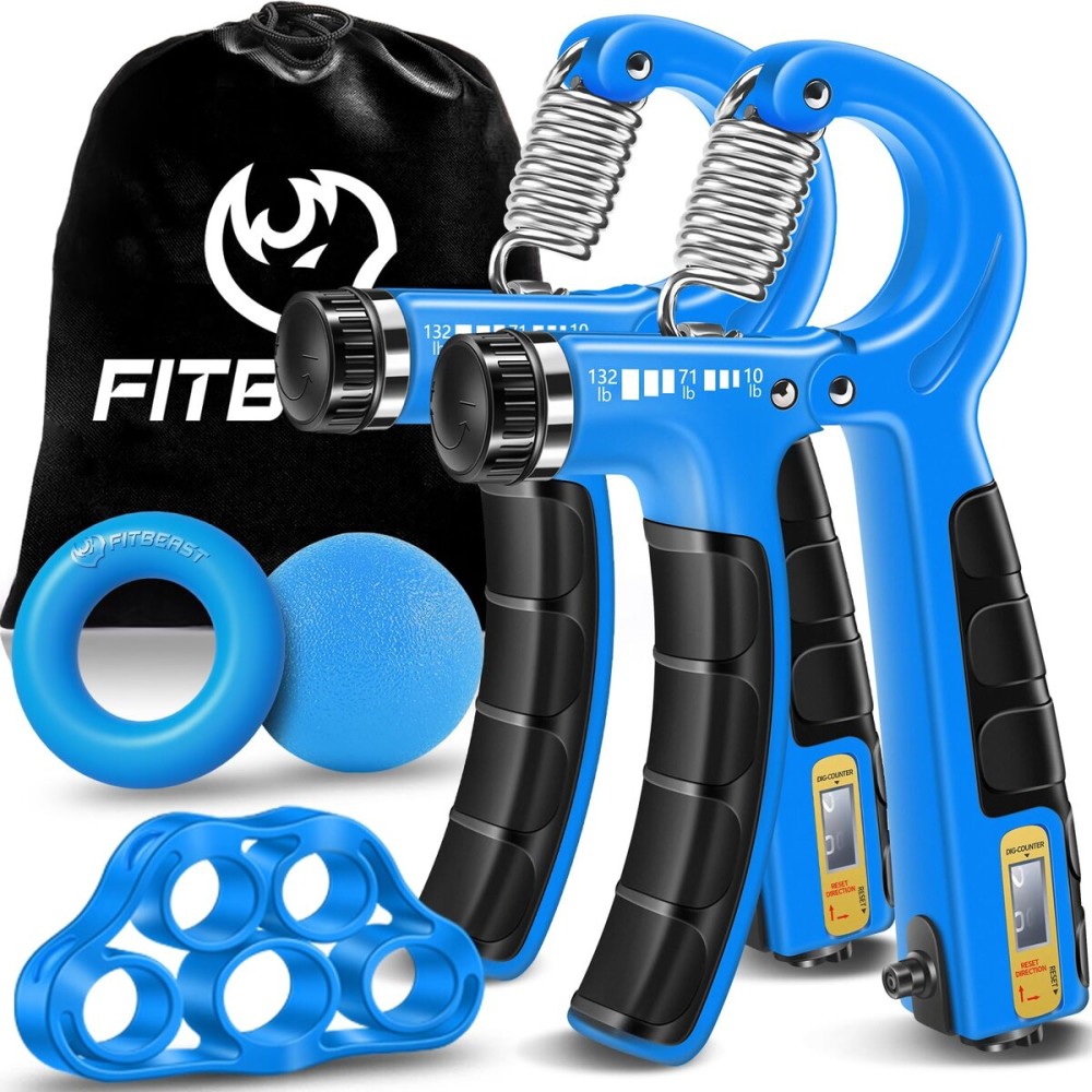 FitBeast Hand Grip Strengthener Workout Kit (5 Pack), 2 Forearm Grip Adjustable Resistance Hand Gripper, Finger Stretcher, Grip Ring & Stress Relief Grip Ball for Athletes, Sky Blue