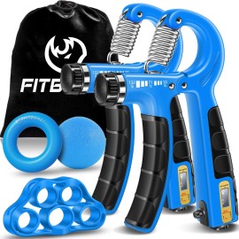 FitBeast Hand Grip Strengthener Workout Kit (5 Pack), 2 Forearm Grip Adjustable Resistance Hand Gripper, Finger Stretcher, Grip Ring & Stress Relief Grip Ball for Athletes, Sky Blue