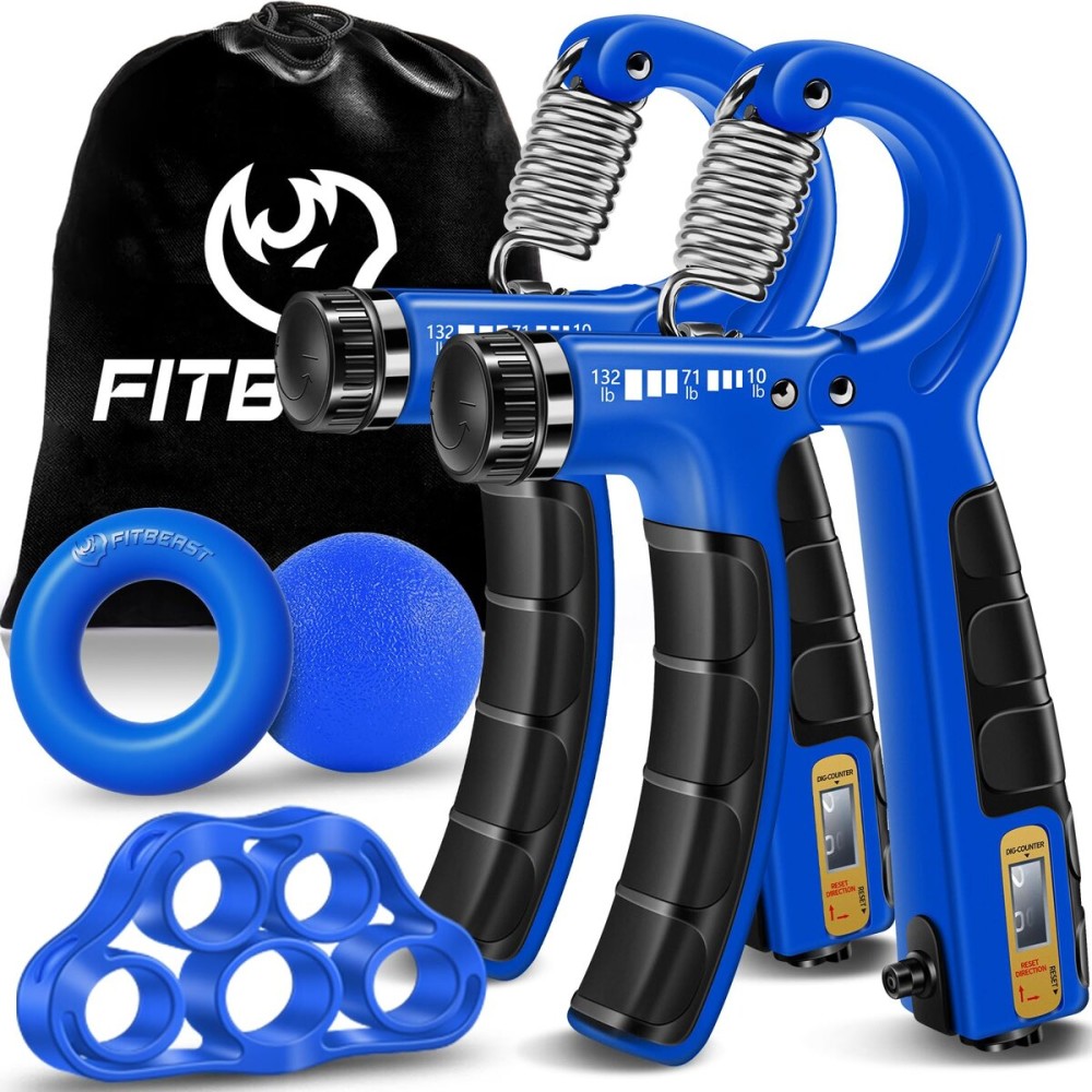 FitBeast Hand Grip Strengthener Workout Kit (5 Pack), 2 Forearm Grip Adjustable Resistance Hand Gripper, Finger Stretcher, Grip Ring & Stress Relief Grip Ball for Athletes, Dark Blue