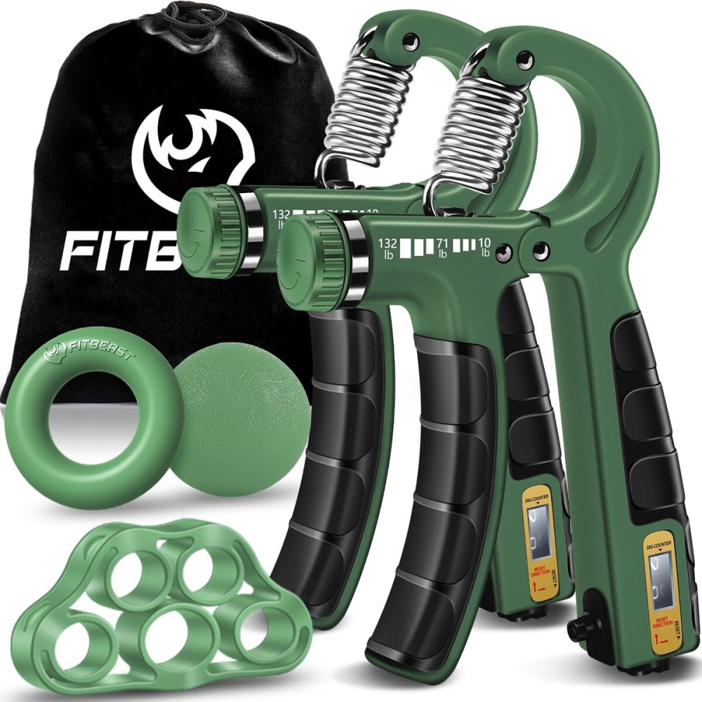 FitBeast Hand Grip Strengthener Workout Kit (5 Pack), 2 Forearm Grip Adjustable Resistance Hand Gripper, Finger Stretcher, Grip Ring & Stress Relief Grip Ball for Athletes, Dark Green