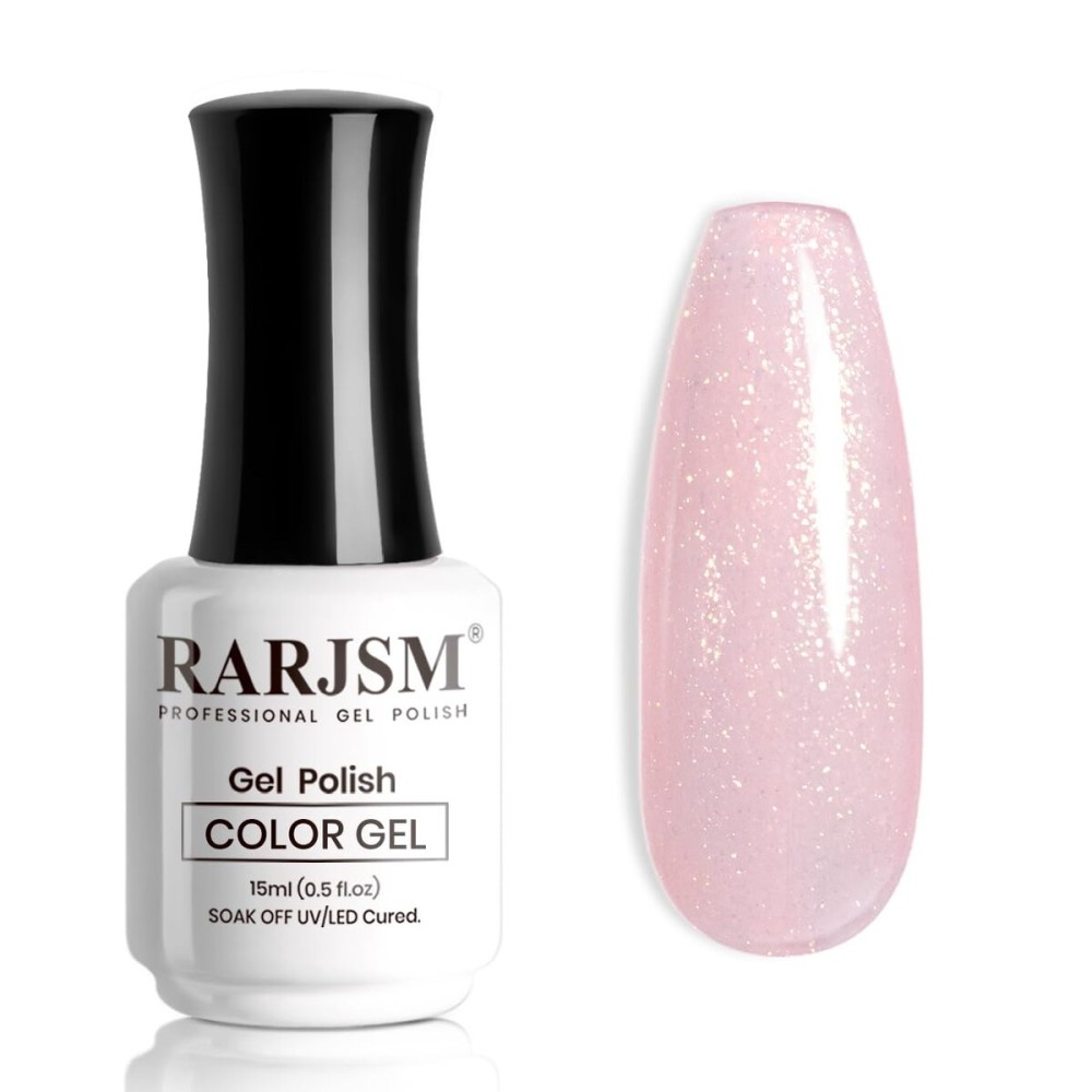 RARJSM Nude Sheer Pink Rainbow Glitter Gel Nail Polish Chunky Gold Iridescent Sparkle Shimmer Diamond Jelly Transparent Pink Gel Polish Single Bottle Soak off UV LED Cured for Home Salon Manicure 15ML