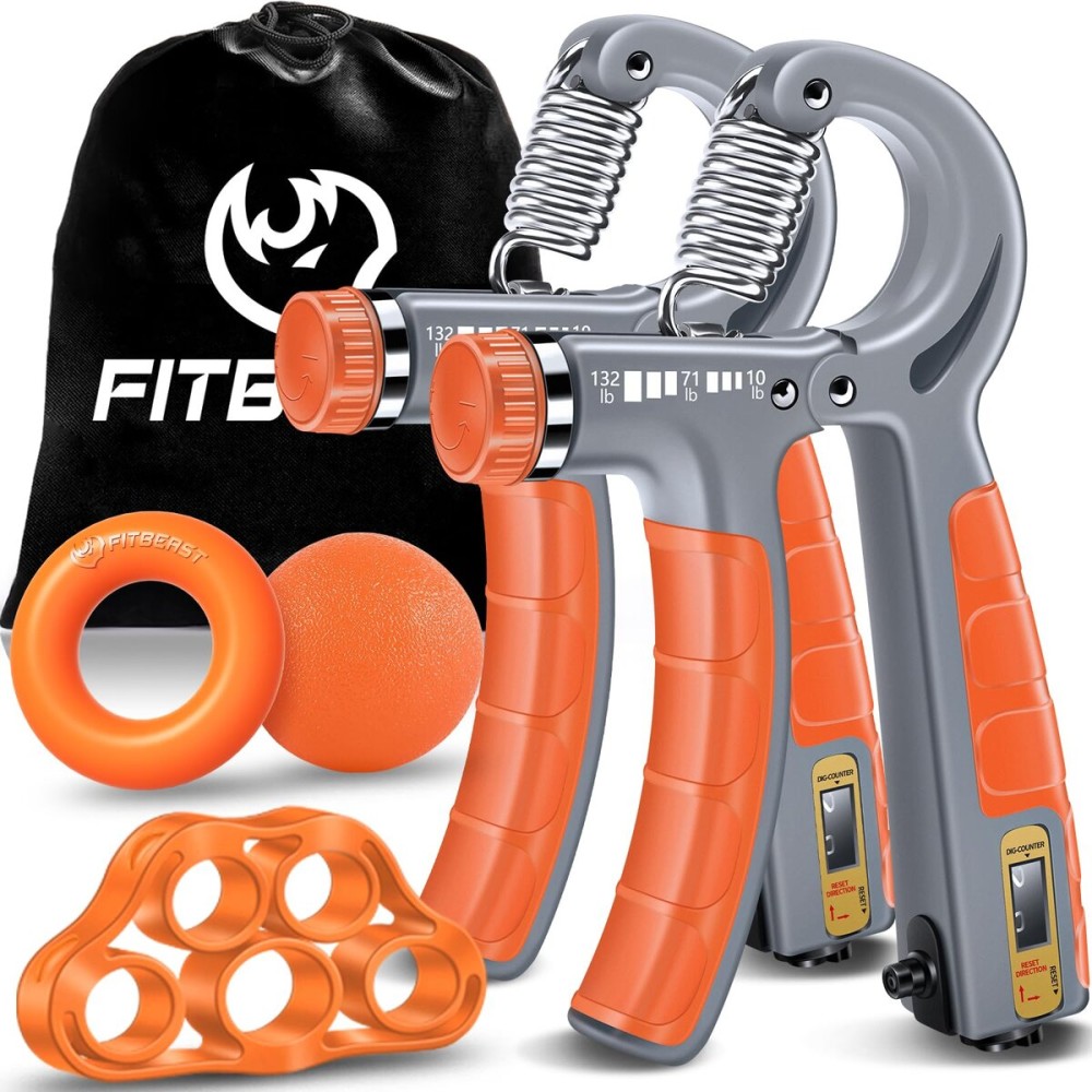 FitBeast Hand Grip Strengthener Workout Kit (5 Pack), 2 Forearm Grip Adjustable Resistance Hand Gripper, Finger Stretcher, Grip Ring & Stress Relief Grip Ball for Athletes, Orange