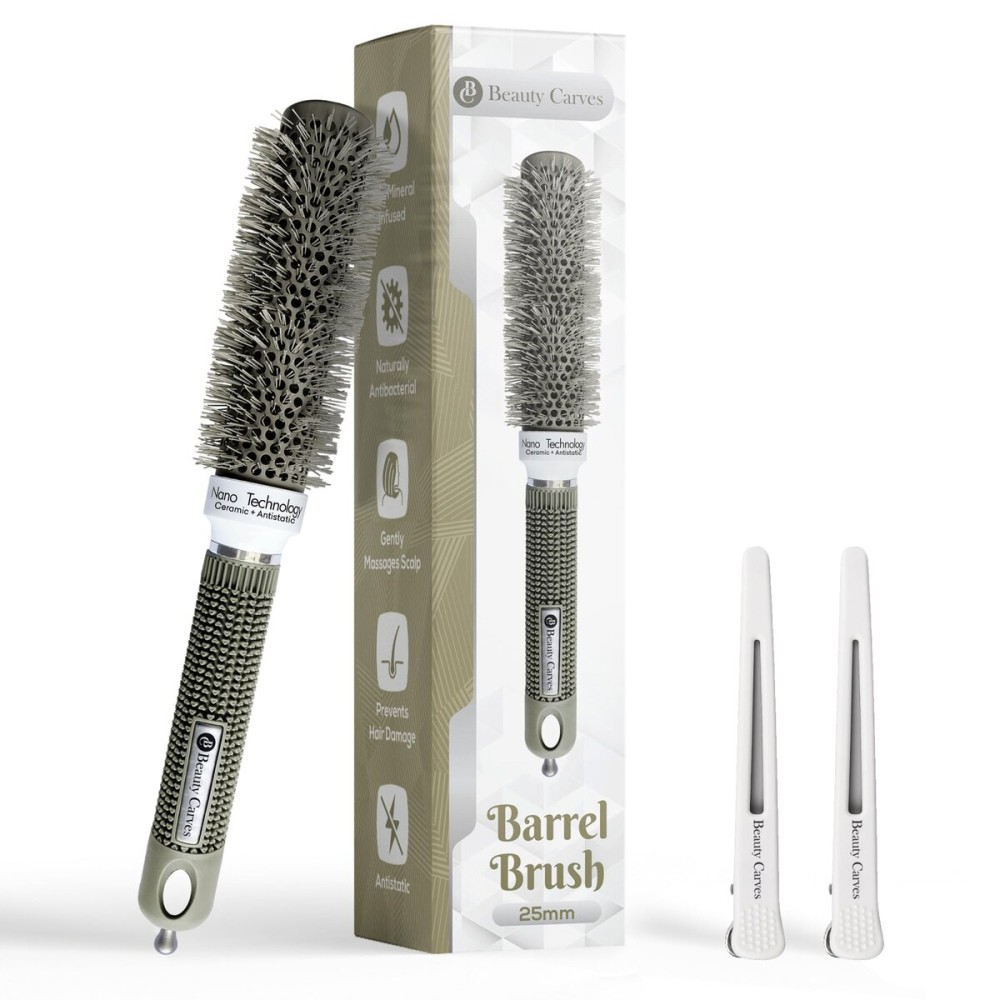 Beauty Carves Round 25(mm) Barrel with 2 Clips - Round Hair Brush with Flexible Nylon 66 Bristles Nano Ionic Heat Resistant Tech for Professional Curling, Styling & Shining Texture