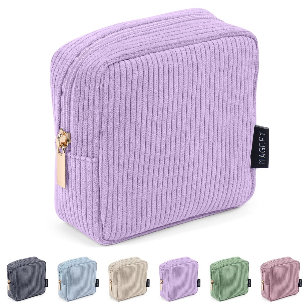 MAGEFY Small Makeup Bag Mini Cosmetics Bag Makeup Bag for Purse Corduroy Cute Cosmetic Pouch for Women with Slip-in Pockets (Purple)