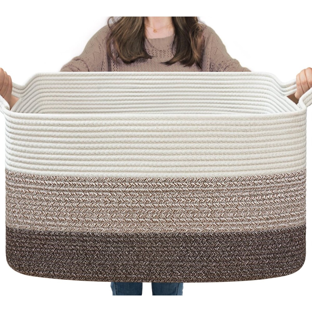 Goodpick Large Woven Storage Basket, 21.6x14.9x11.8, Blanket Storage for Bedroom and Living Room, Rectangle Rope Baskets for Storage, White Brown