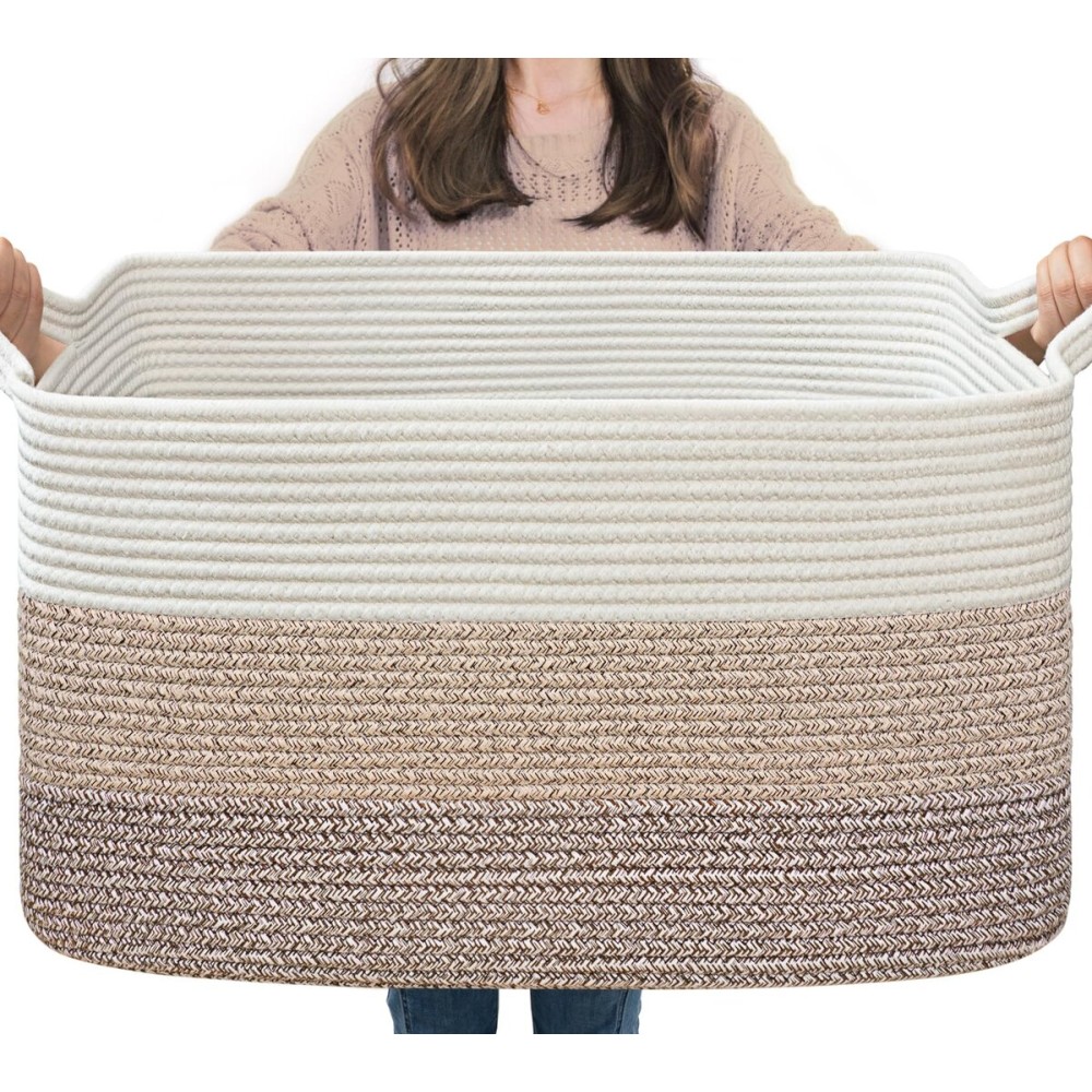 Goodpick Large Woven Storage Basket, 21.6 x 14.9 x 11.8 Rectangle Rope Baskets for Toy Storage, Blanket Basket for Living Room, Bedroom, Light Brown