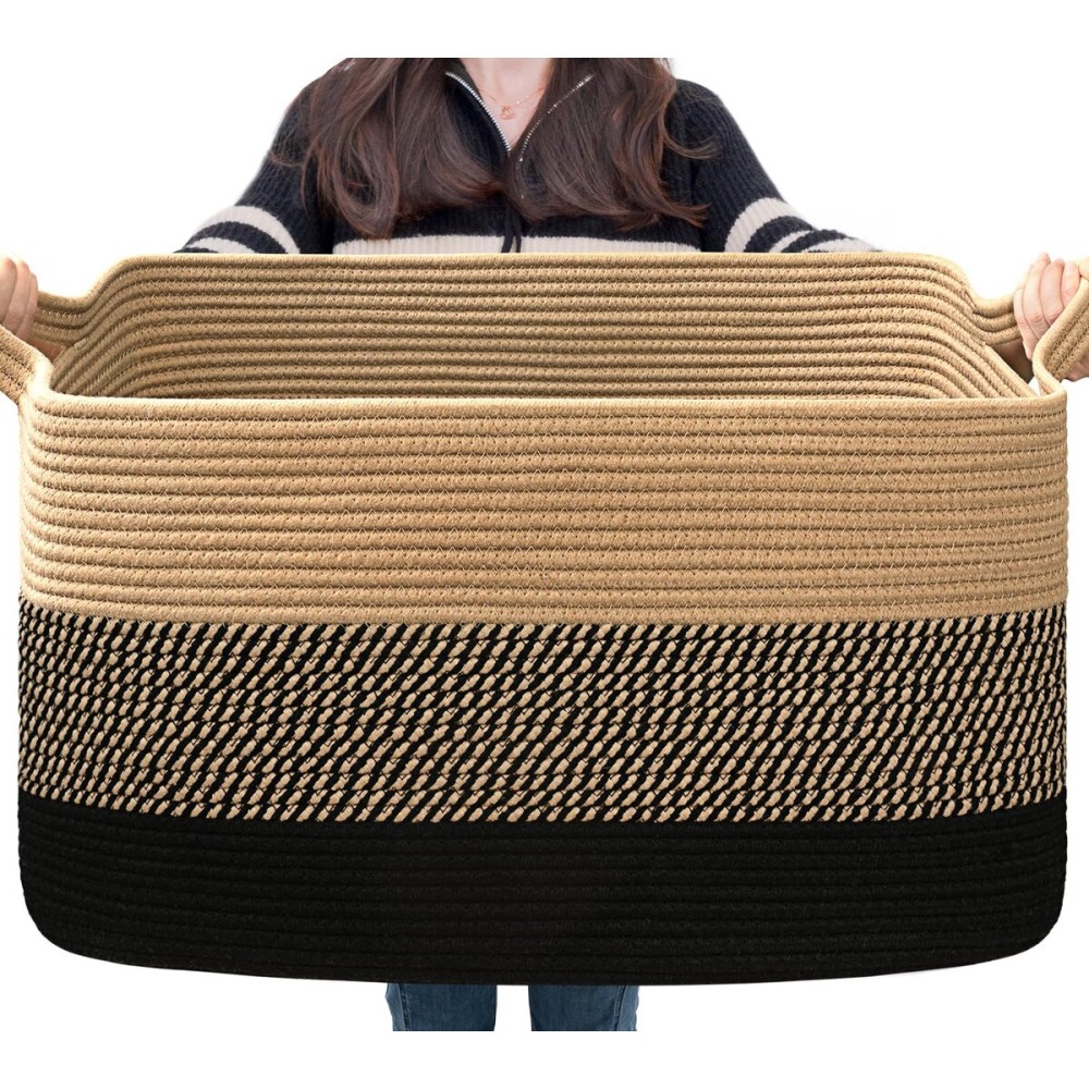 Goodpick Woven Blanket Basket, 21.6 x 14.9 x 11.8 Wicker Laundry Basket for Clothes, Storage Baskets for Organizing, Rectangle Rope Large Baskets for Storage, Black Jute