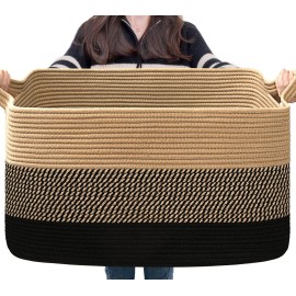 Goodpick Woven Blanket Basket, 21.6 x 14.9 x 11.8 Wicker Laundry Basket for Clothes, Storage Baskets for Organizing, Rectangle Rope Large Baskets for Storage, Black Jute