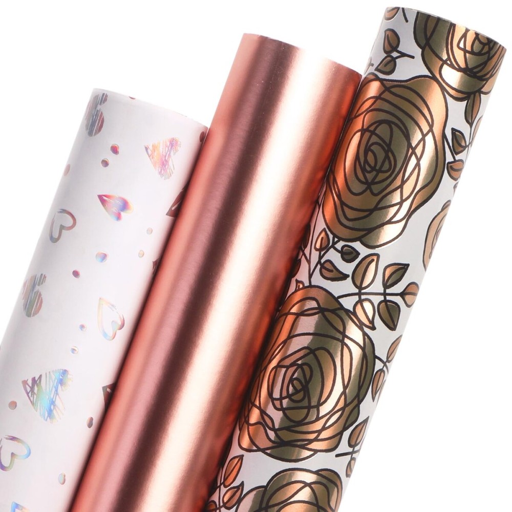 Ribbli Rose Gold Mothers Day Wrapping Paper Mini Roll, 3 Rolls Happy Birthday Floral Heart Gift Wrap for Women Girl Friend Wedding - 17 inch x 120 inch(10feet) Per Roll