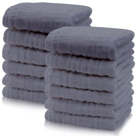 Cute Castle 12 Pack Muslin Baby Washcloths - Large 12\'\' by 12\'\' - Ultra Soft 100% Cotton - Super Absorbent Burp Cloths for Unisex, Boy, Girl -Grey