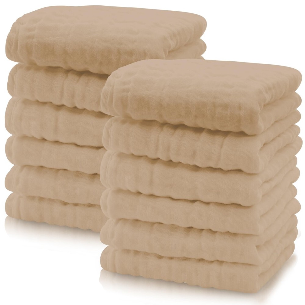 Cute Castle 12 Pack Muslin Baby Washcloths - Large 12\'\' by 12\'\' - Ultra Soft 100% Cotton - Super Absorbent Burp Cloths for Unisex, Boy, Girl -Brown