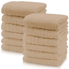Cute Castle 12 Pack Muslin Baby Washcloths - Large 12\'\' by 12\'\' - Ultra Soft 100% Cotton - Super Absorbent Burp Cloths for Unisex, Boy, Girl -Brown