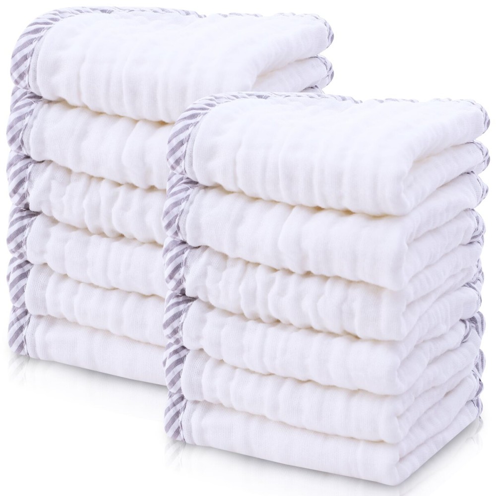 Cute Castle 12 Pack Muslin Baby Washcloths - Large 12\'\' by 12\'\' - Ultra Soft 100% Cotton - Super Absorbent Burp Cloths for Unisex, Boy, Girl -Stripe