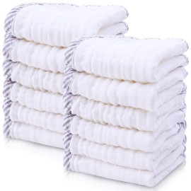 Cute Castle 12 Pack Muslin Baby Washcloths - Large 12\'\' by 12\'\' - Ultra Soft 100% Cotton - Super Absorbent Burp Cloths for Unisex, Boy, Girl -Stripe