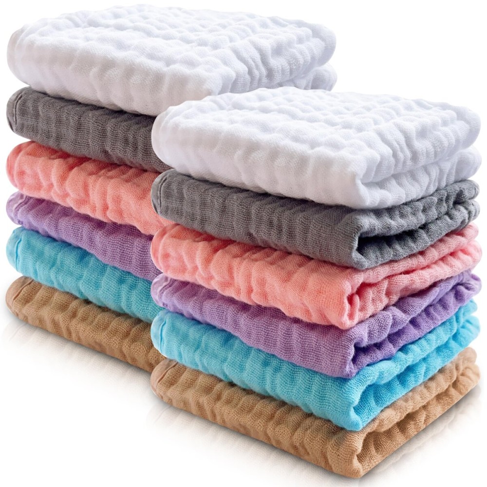 Cute Castle 12 Pack Muslin Baby Washcloths - Large 12\'\' by 12\'\' - Ultra Soft 100% Cotton - Super Absorbent Burp Cloths for Unisex, Boy, Girl -Multicolor