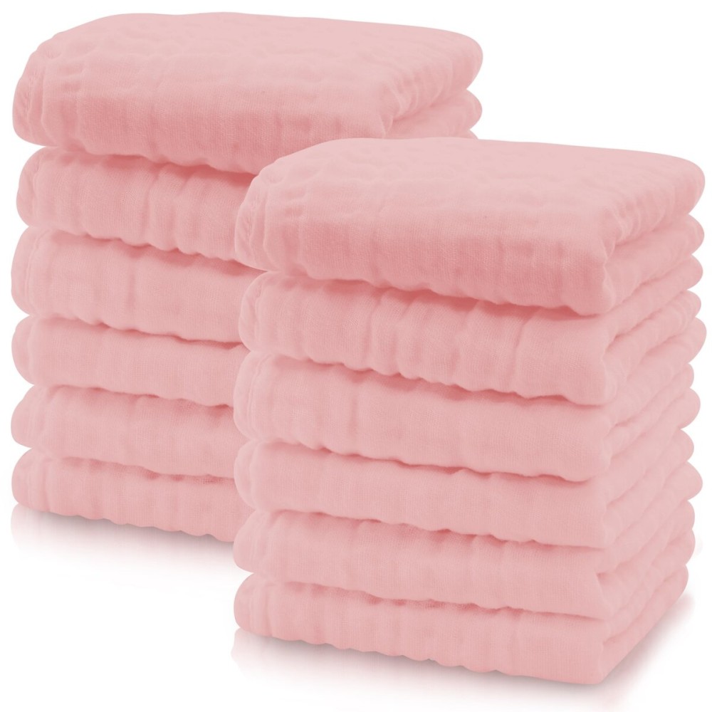 Cute Castle 12 Pack Muslin Baby Washcloths - Large 12\'\' by 12\'\' - Ultra Soft 100% Cotton - Super Absorbent Burp Cloths for Unisex, Boy, Girl -Pink