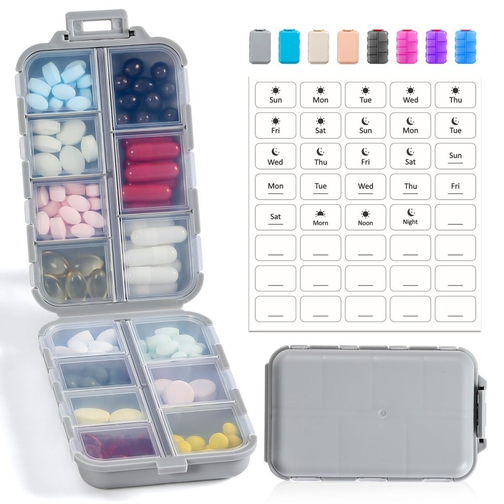 14 GRIDS Travel Pill Organizer Box with Labels - Travel Medicine Case Kit - Pocket Daily Pharmacy Container - Travel Medication Holder Dispenser for Fish Oil Vitamin Supplement Storage - Grey