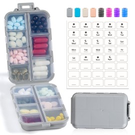 14 GRIDS Travel Pill Organizer Box with Labels - Travel Medicine Case Kit - Pocket Daily Pharmacy Container - Travel Medication Holder Dispenser for Fish Oil Vitamin Supplement Storage - Grey