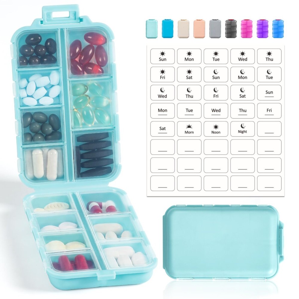 14 GRIDS Travel Pill Organizer Box with Labels - Travel Medicine Case Kit - Pocket Daily Pharmacy Container - Travel Medication Holder Dispenser for Fish Oil Vitamin Supplement Storage - Sky Blue