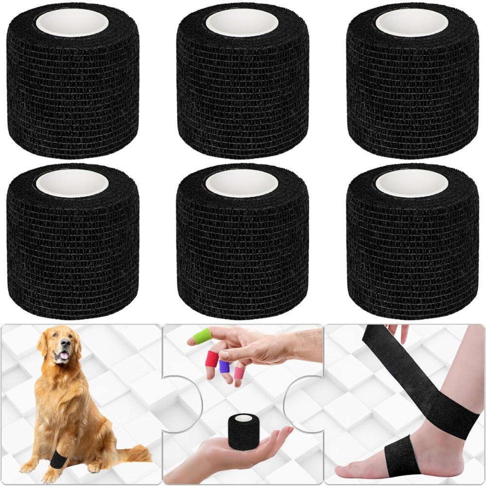 Twavang6 Pack 2 Inches Self Adhesive Bandage Wrap Breathable Cohesive Bandage Elastic Tape for Pets, Athletic, Sports, Wrist, Knee, Ankle(5 Yards Per Roll, Black)
