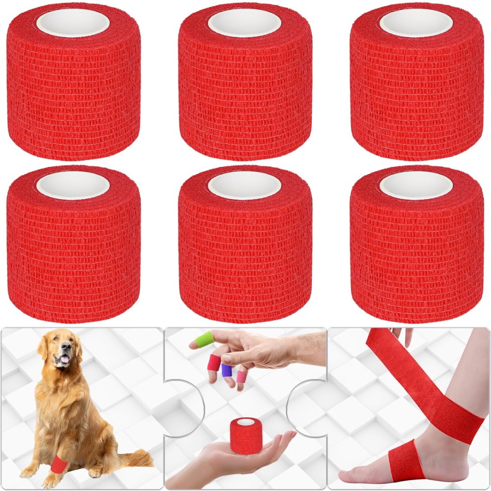 Twavang 6 Pack 2 Inches Self Adhesive Bandage Wrap Breathable Cohesive Bandage Elastic Tape for Pets, Athletic, Sports, Wrist, Knee, Ankle(5 Yards Per Roll, Red)
