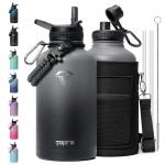 Topre 64 oz Insulated Water Bottle,Half Gallon Water Flask Stainless Steel Vacuum, Cold for 48 Hrs,BPA-Free & Leakproof -with Paracord Handle, Strap,Straw Spout Lids,Large Jug for Gym,Grey