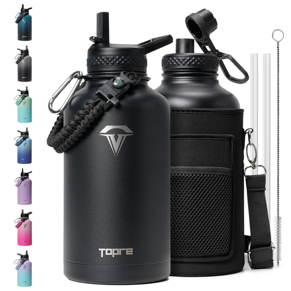 Topre 64oz Insulated Water Bottle,Half Gallon Water Flask Stainless Steel Vacuum, Cold for 48 Hrs,BPA-Free & Leakproof -with Paracord Handle,Strap,Straw Spout Lids,Large Jug for Gym Sports,Black