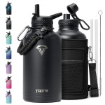 Topre 64oz Insulated Water Bottle,Half Gallon Water Flask Stainless Steel Vacuum, Cold for 48 Hrs,BPA-Free & Leakproof -with Paracord Handle,Strap,Straw Spout Lids,Large Jug for Gym Sports,Black