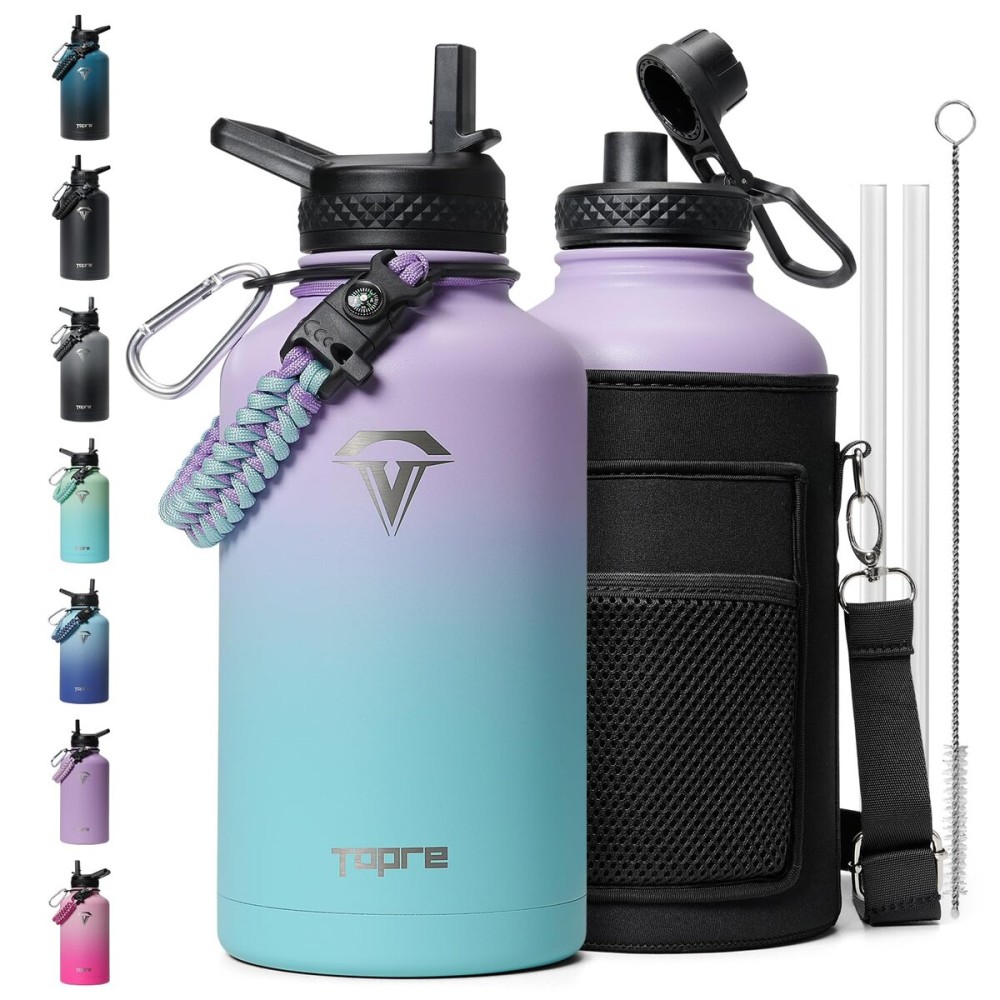 Topre Insulated Water Bottle 64oz,Half Gallon Water Flask Stainless Steel, Cold for 48 Hrs,BPA-Free & Leakproof -with Paracord Handle, Strap,Straw Spout Lids,Large Jug for Gym Sports,Purple Green