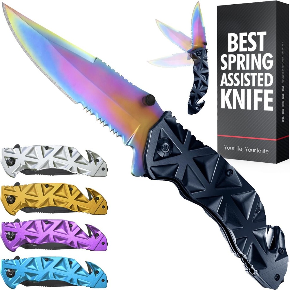 Rainbow Pocket Knife - Cute Knives with Glass Breaker, Seatbelt Cutter, Sharp Serrated Blade - Colorful Womens Tool - Sharp Folding Balde for Self Defense Camping - Birthday Gifts for Women HB 207 BR