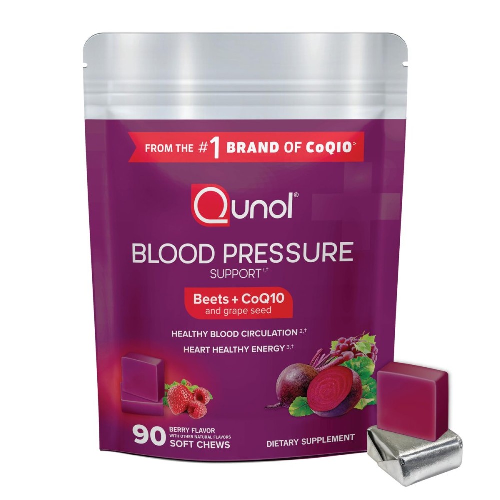 Qunol Beets Chews for Blood Pressure Support, 3 in 1 Beets + CoQ10 + Grape Seed Extract, Supports Healthy Blood Circulation & Heart Healthy Energy, 90 Chews
