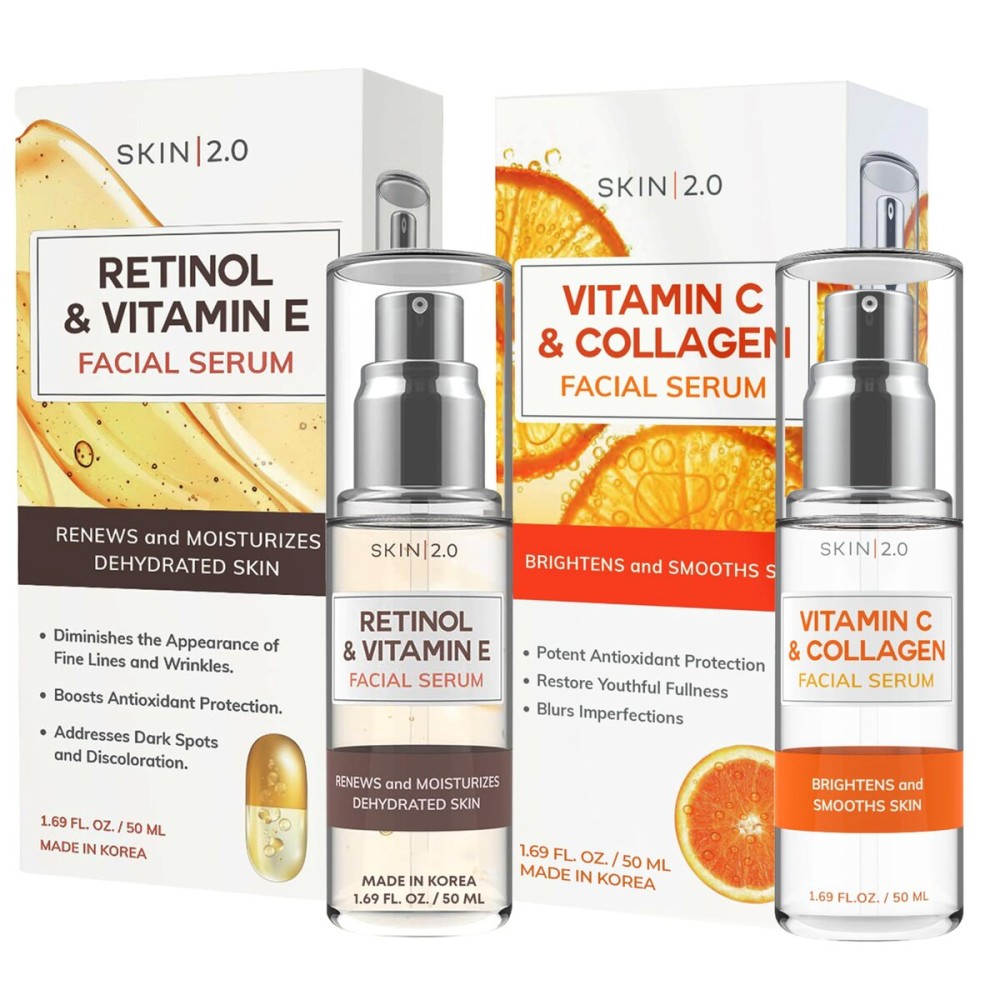 Skin 2.0 Vitamin C & Collagen + Retinol & Vitamin E Facial Serum Set - Dermatologist Tested, Anti-Aging, Dark Spot Remover, Brightening - Cruelty-Free, Clean Beauty, Korean Skincare - 1.69 oz (2-Pack)