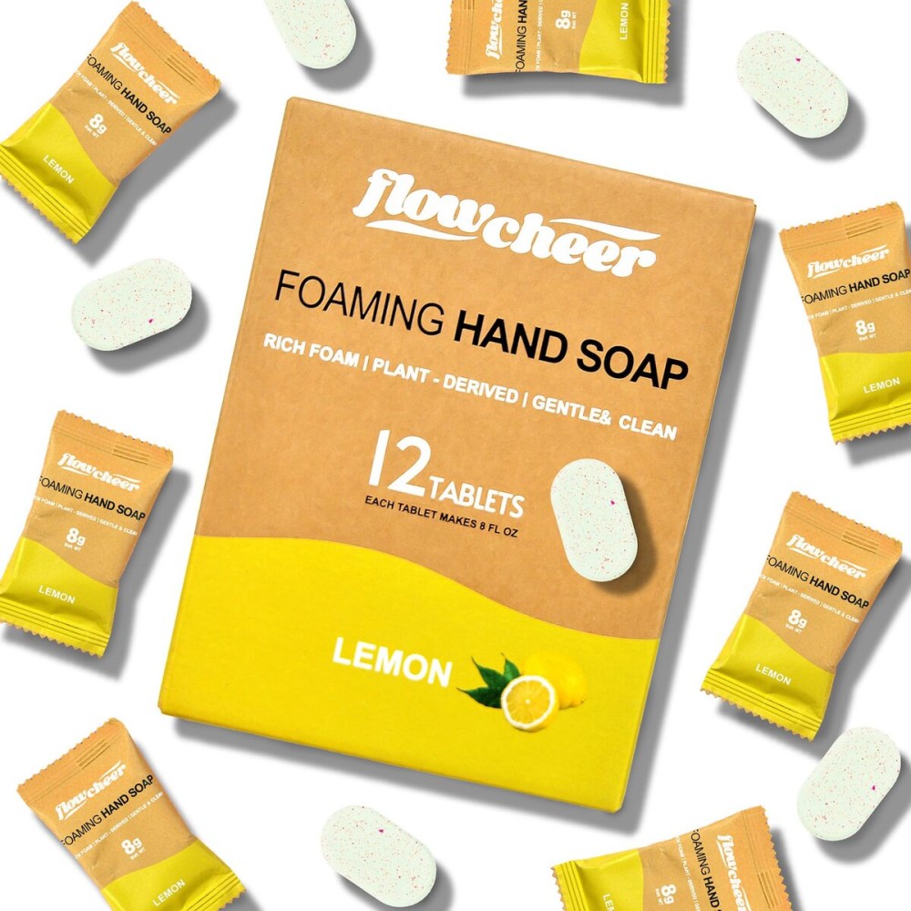 flowcheer Foaming Hand Soap Tablet Refills, 12 Pack (Makes 12 x 9 fl oz), Lemon Scented soap tablets, Fresh & Clean Handwash, No Plastic Bottle