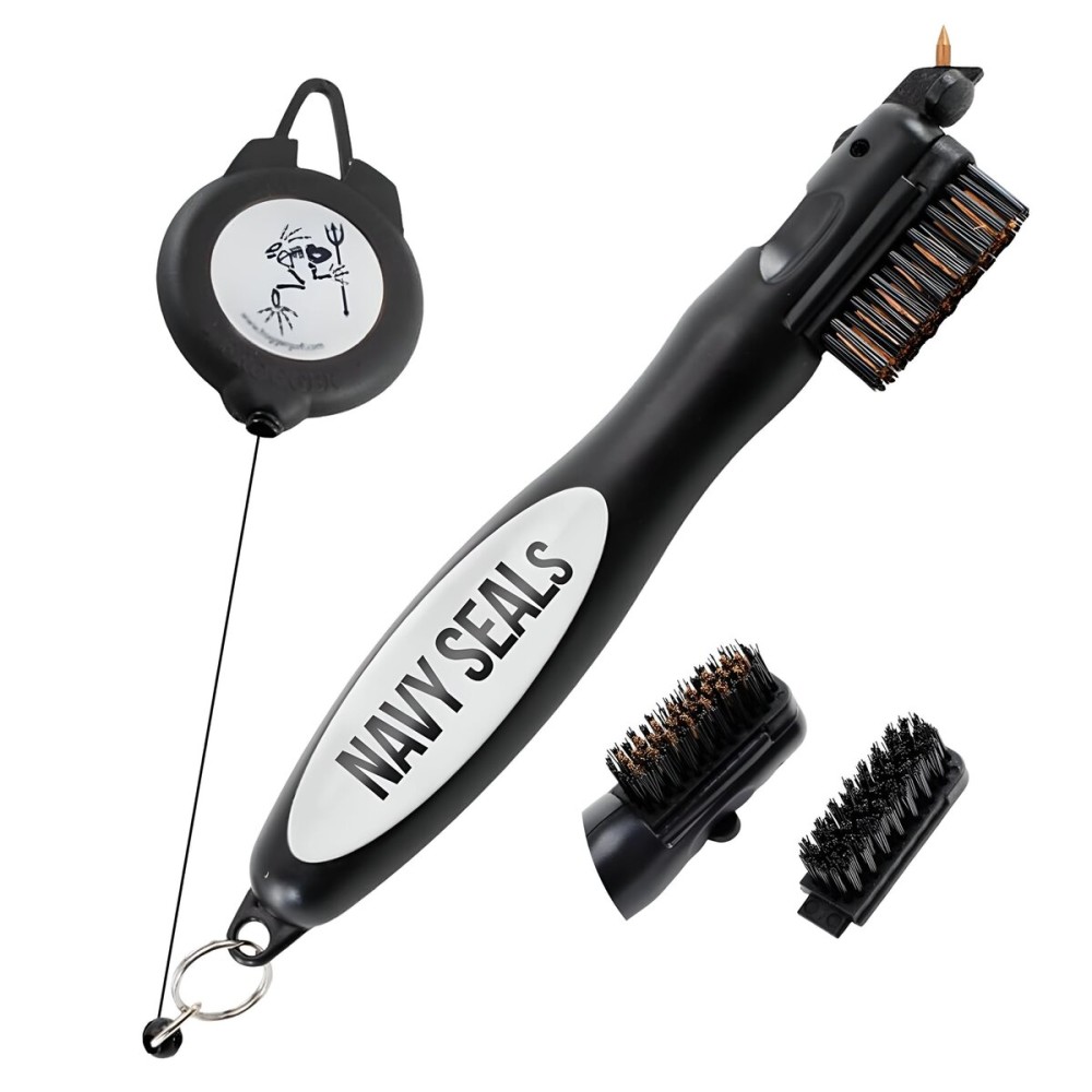 Frogger BrushPro Golf Club Cleaner with Ergonomic Grip, 2.5 ft. Retractable Cord, Navy Seals- Sturdy Golf Club Brush and Groove Cleaner for Golfers, Golf Dad