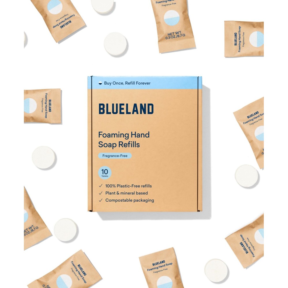 BLUELAND Foaming Hand Soap Refill Tablets, 10-Pack, Fragrance Free, Eco Friendly Cleaning Products, 10 x 9 Fl oz