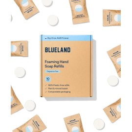BLUELAND Foaming Hand Soap Refill Tablets, 10-Pack, Fragrance Free, Eco Friendly Cleaning Products, 10 x 9 Fl oz