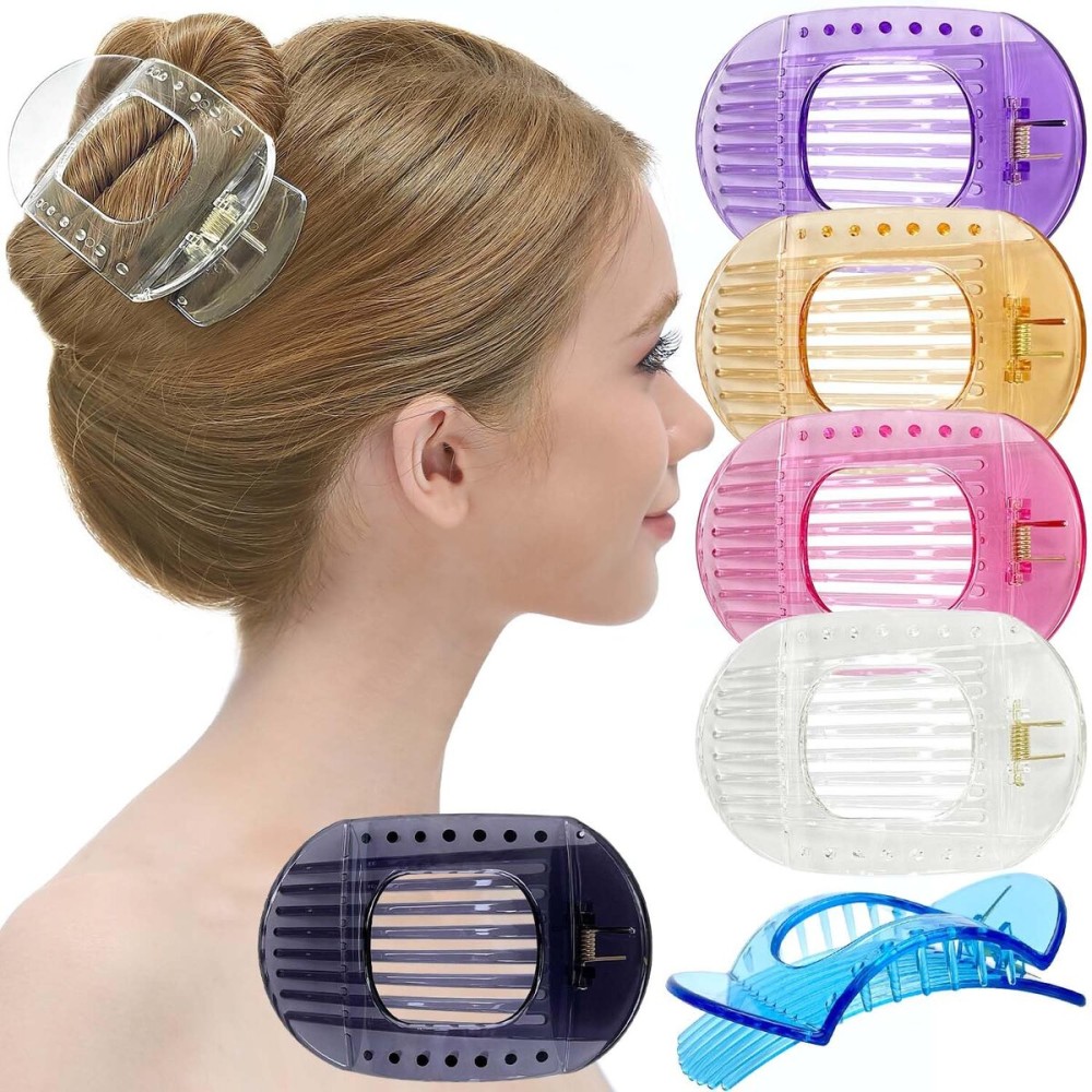 RC ROCHE 6 Pcs Flat Claw Hair Clips for Women Thick Hair French Round Duckbill Square Secure Strong Hold Grip Clamps Barrettes Curved No Slip No Crease Styling Cute Extra Jumbo XL, Large Transparent