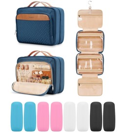 Travel Hanging Toiletry Bag for Women and Men, with 8 Leak Proofing Silicone Bottle Covers, Waterproof Makeup Accessories, Cosmetic Essentials, Toiletries Dopp Kit Set with Jewelry Organizer, Navy