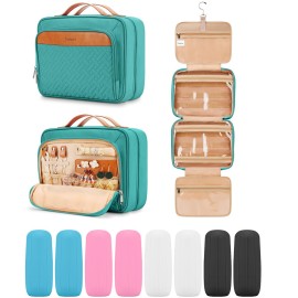 Travel Hanging Toiletry Bag for Women and Men, with 8 Leak Proofing Silicone Bottle Covers, Waterproof Makeup Accessories, Cosmetic Essentials, Toiletries Dopp Kit Set with Jewelry Organizer, Blue