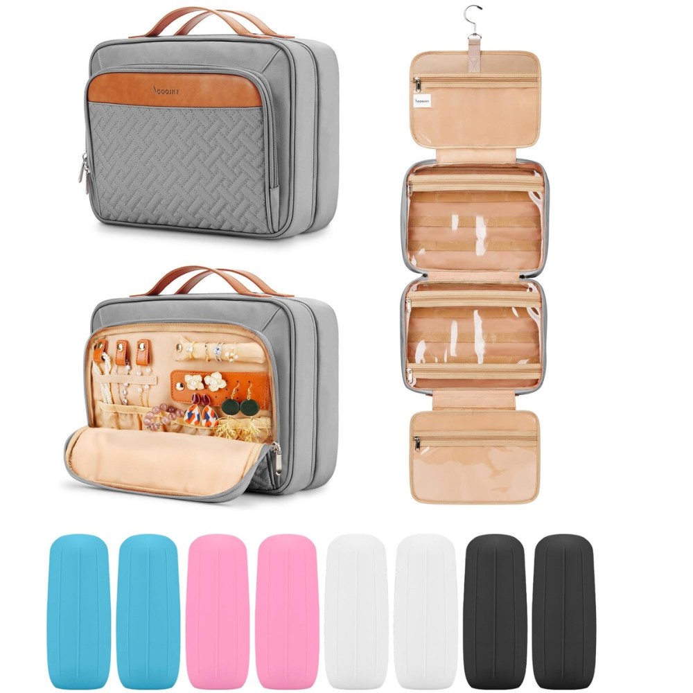 Travel Hanging Toiletry Bag for Women and Men, with 8 Leak Proofing Silicone Bottle Covers, Waterproof Makeup Accessories, Cosmetic Essentials, Cruise Ship Toiletries Bag with Jewelry Organizer, Pink