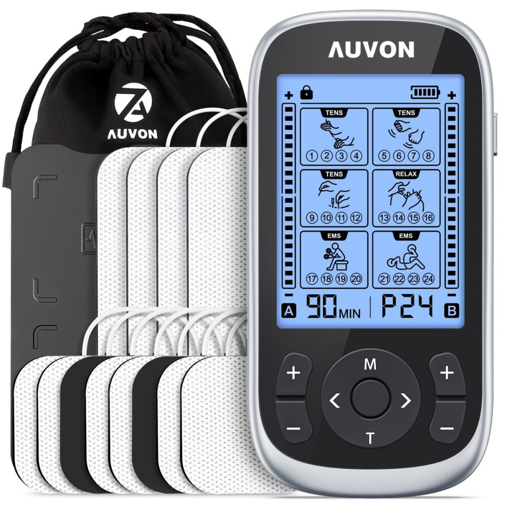 AUVON 3-in-1 TENS Unit Muscle Stimulator, EMS Massage Machine with 40 Intensities for Gradual Shoulder, Sciatica, Back Pain Relief, 24 Modes Rechargeable Electronic Pulse Massager with 12 TENS Pads