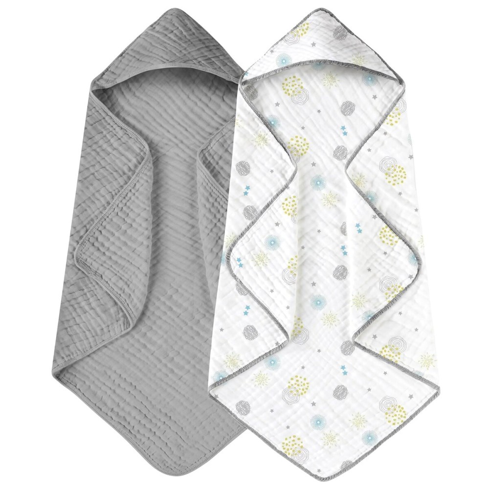Yoofoss Hooded Baby Towels for Newborn 2 Pack 100% Muslin Organic Cotton Baby Bath Towel with Hood for Babies, Infant, Toddler and Kids, 32x32Inch, Soft and Absorbent Newborn Essential,Grey Flower