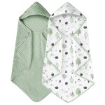 Yoofoss Hooded Baby Towels for Newborn 2 Pack 100% Muslin Organic Cotton Baby Bath Towel with Hood for Babies, Infant, Toddler and Kids, 32x32Inch, Soft and Absorbent Newborn Essential,Forest