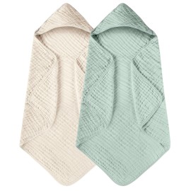 Yoofoss Hooded Baby Towels for Newborn 2 Pack 100% Muslin Organic Cotton Baby Bath Towel with Hood for Babies, Infant, Toddler and Kids, 32x32Inch, Soft and Absorbent Newborn Essential,Apricot&Green