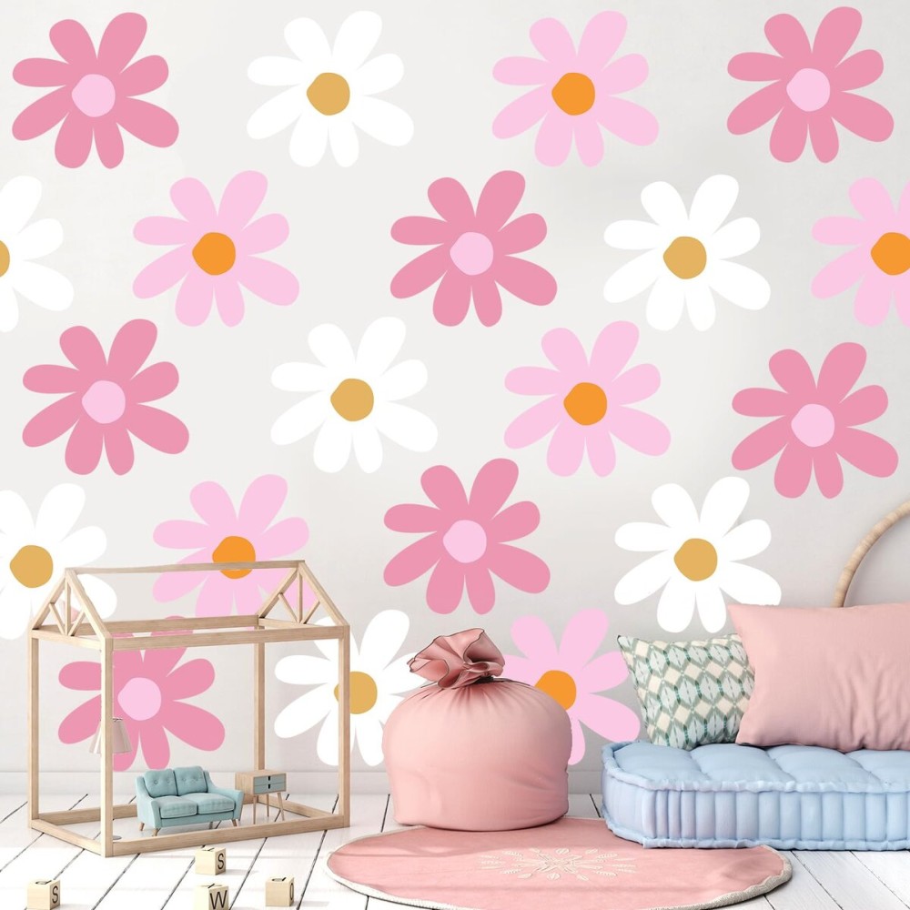 TaoBary 12 Sheets Daisy Wall Decal Flower Wall Sticker Cute Daisy Sticker Pink White Flower Decal Peel and Stick Floral Wallpaper for Nursery Bedroom Home Decor(Classic Color,Delicate Style)
