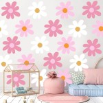 TaoBary 12 Sheets Daisy Wall Decal Flower Wall Sticker Cute Daisy Sticker Pink White Flower Decal Peel and Stick Floral Wallpaper for Nursery Bedroom Home Decor(Classic Color,Delicate Style)