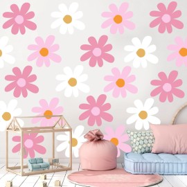 TaoBary 12 Sheets Daisy Wall Decal Flower Wall Sticker Cute Daisy Sticker Pink White Flower Decal Peel and Stick Floral Wallpaper for Nursery Bedroom Home Decor(Classic Color,Delicate Style)